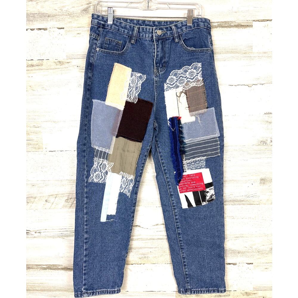 Fanfare Women 32 Designer Custom Patchwork Upcycled Boho Denim Straight eans NEW